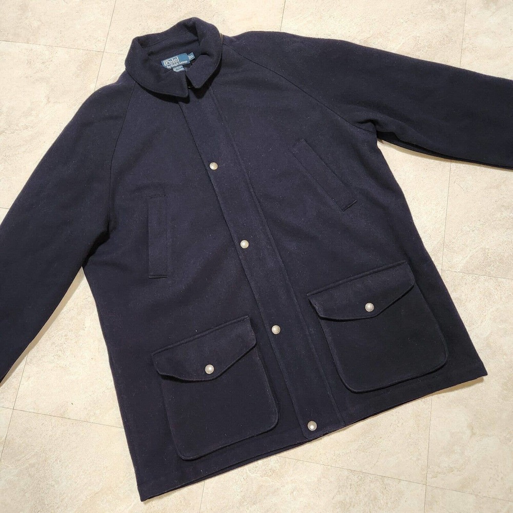 VTG Polo Ralph Lauren PRL Mens XL Wool‎ Long Quilted Jacket Coat Navy Blue Zip